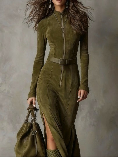 Vintage Zielona Sukienka Maxi z Zamkiem i Paseczkiem