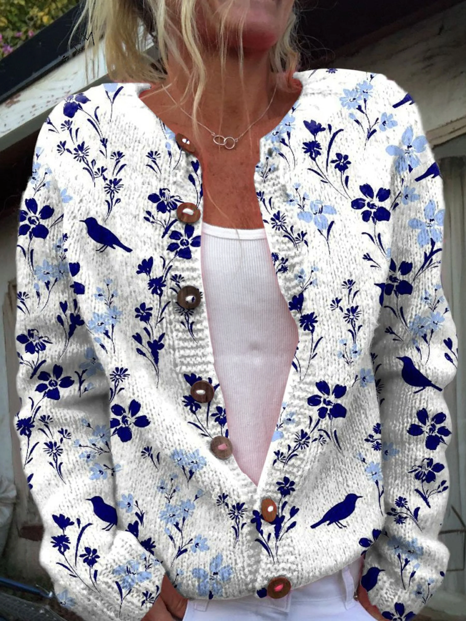 Élise | Kwiatowy kardigan z motywem błękitnego ptaka